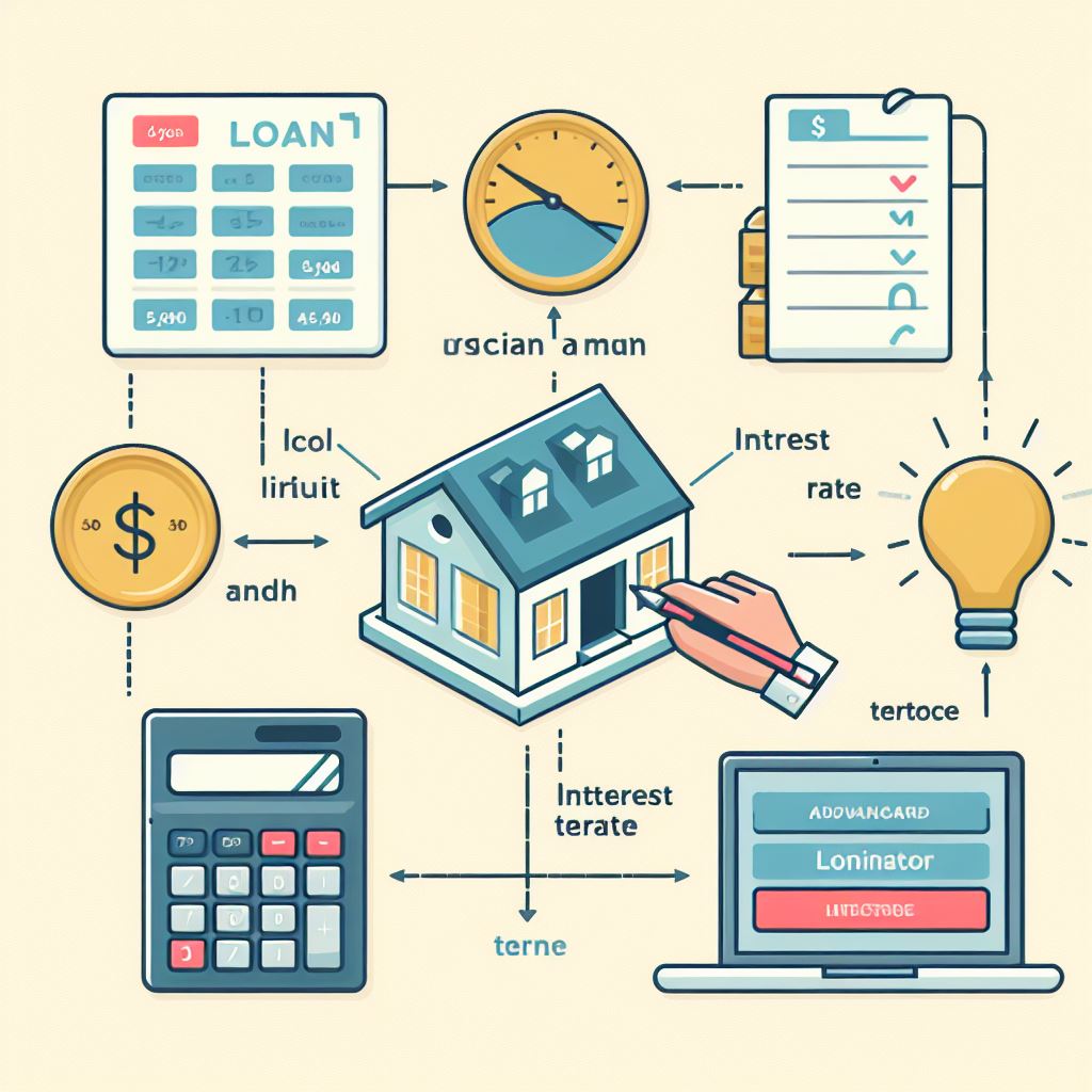 Diagram illustrating the components of a loan (principal amount, interest rate, loan tenure). Screenshots or visuals of simple and advanced loan calculators.