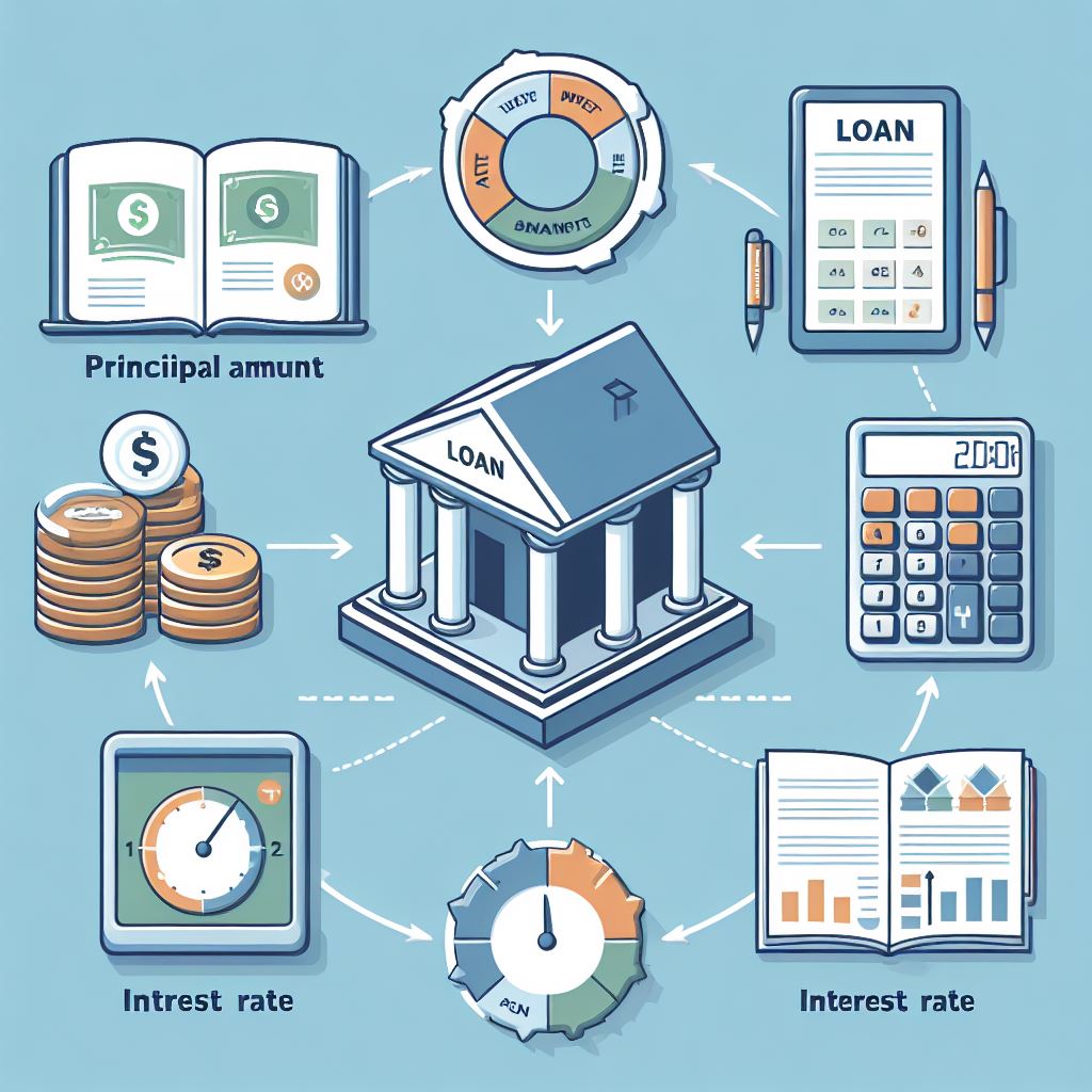 Diagram illustrating the components of a loan (principal amount, interest rate, loan tenure). Screenshots or visuals of simple and advanced loan calculators.